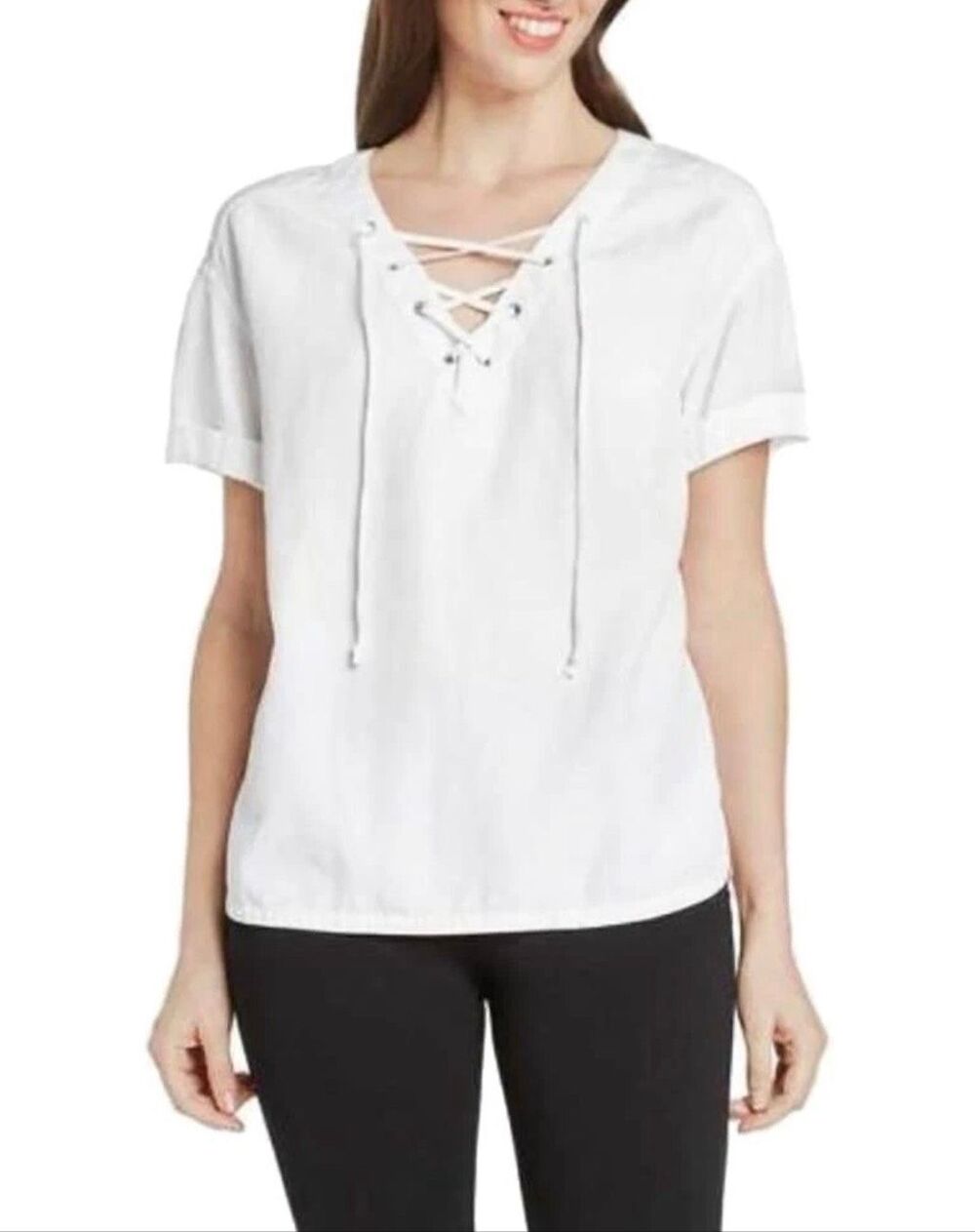 Matty M Women's Linen Lace-Up V-Neck Blouse Top Shirt Medium Nwt